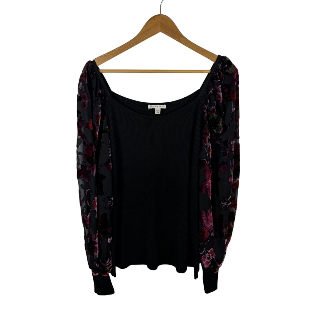Cato Black Ribbed Knit Top Size 18/20 Velvet Floral Burnout Sheer Sleeve Stretch